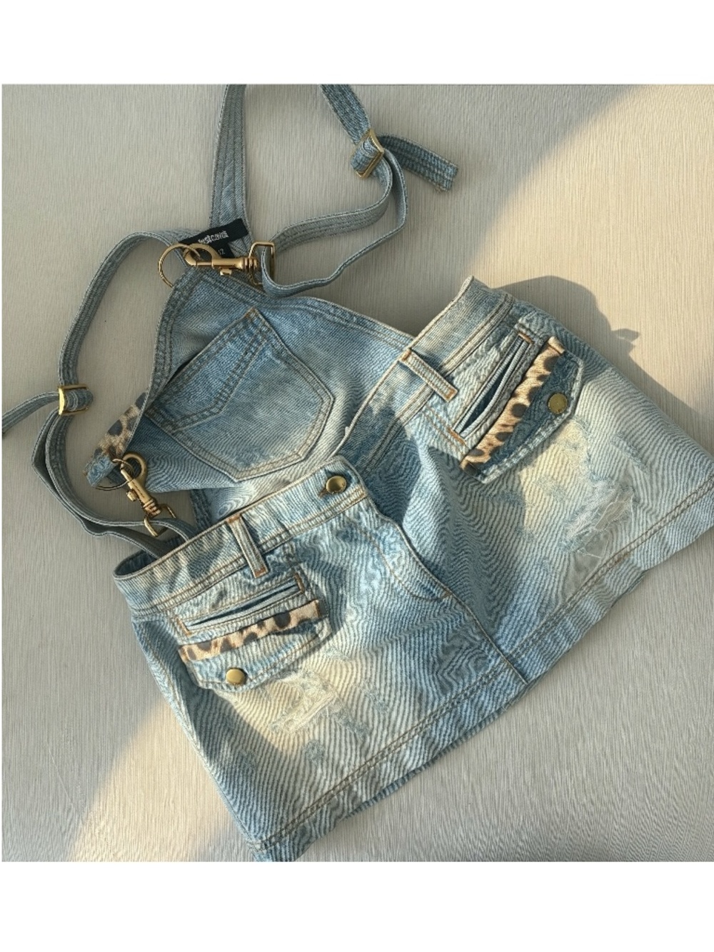 Just Cavalli 2012 Leopard Denim Suspender Mini Skirt IT 42